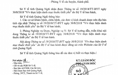 Công văn số 2075/SYT-NVD v/v Thực hiện thông tư số 19/2018/TT-BYT ngày 30/08/2018 do Bộ Y tế ban hành danh mục thuốc thiết yếu.